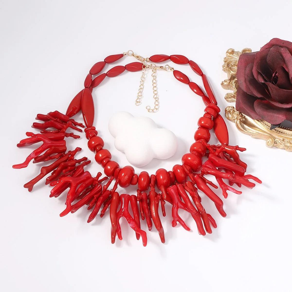 

Bohemian Style Double-layer Resin Coral Necklace for Women, Fashionable and Personalized Plant Red Gothic Halloween Accessories