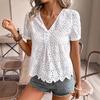 Women's White V Neck Short Sleeve Top with Hollow Out Pattern and Ruffle Trim