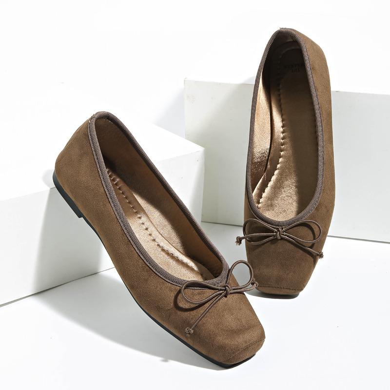 New Women's Bow Decoration Women Designer Shoes Comfortable Retro Brown Velvet Casual Soft Sole Outside Ballet Flats for Ladies