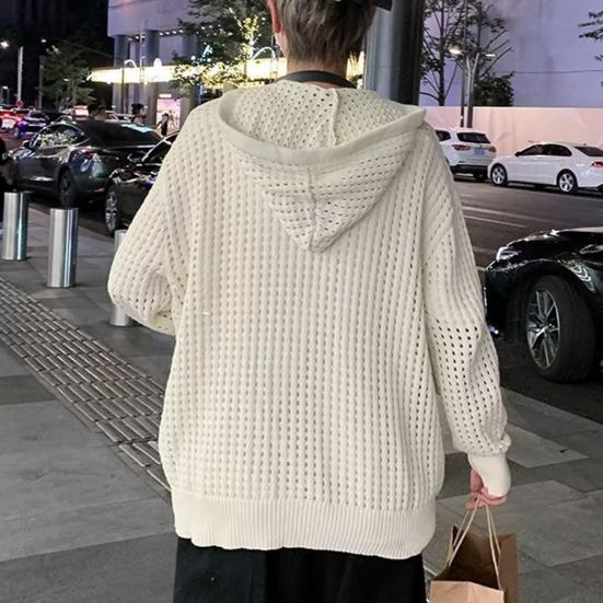 Men Sweater Long Sleeve Zipper Closure Solid Color Hollow-out Design Super Soft Decorative Polyester Men Hooded Sweater Coat Autumn