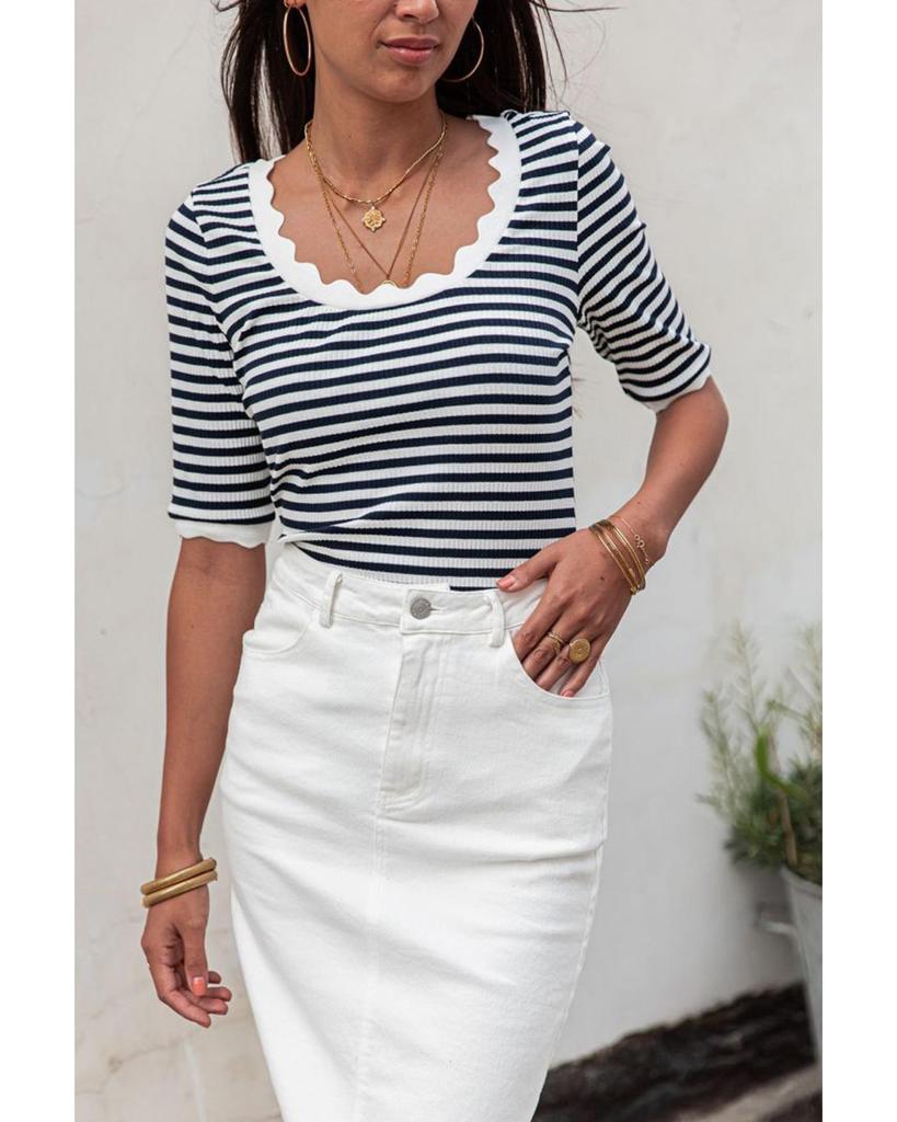 Azura Exchange Black Striped Contrast Scallop Trim Half Sleeve T-shirt