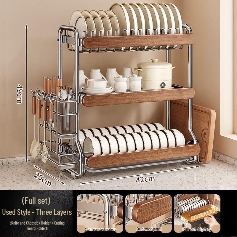 

Handun 3-Tier Stainless Steel Dish Rack with Utensil & Cutting Board Holder