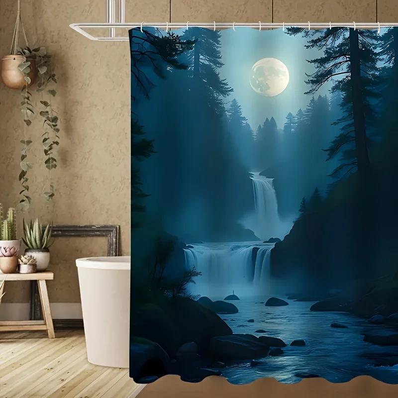 4pcs Moonlight Forest Waterfall Landscape Pattern, Apartment Bathroom, Shower Room Shower Curtain, Hotel Shower Curtain Set