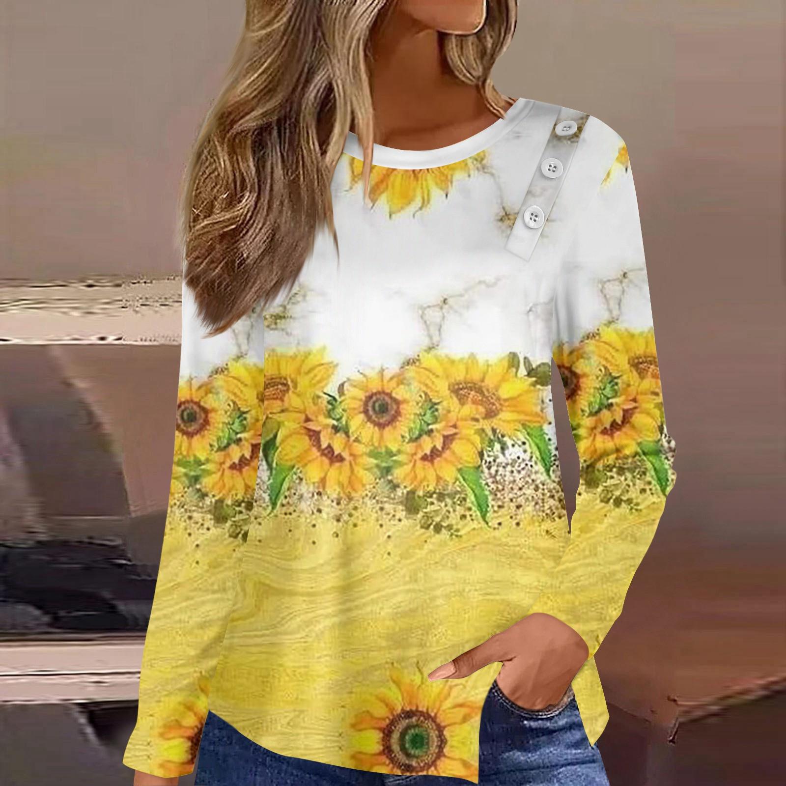 

Футболка с пышным подолом на пуговицах, повседневный топ с длинным рукавом и круглым вырезом с цветочным принтом, женская одежда XS жёлтый