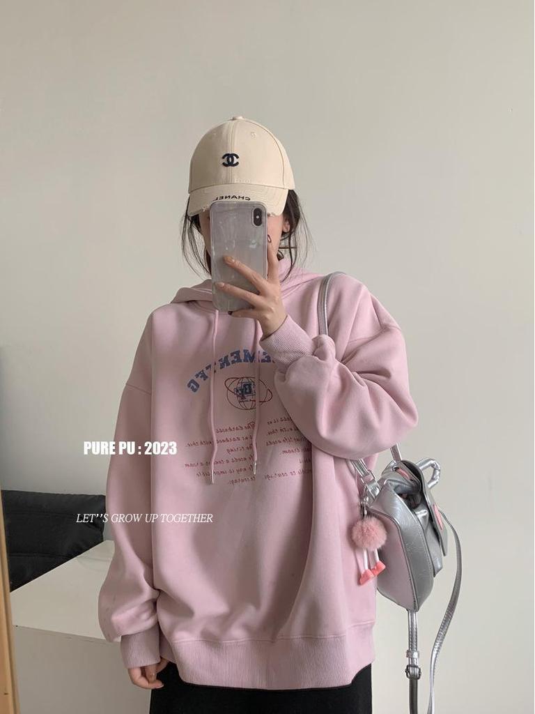 Women's Oversized Pink Letter Print Heavyweight Hoodie - Spring Loose Fit Long Sleeve Sweatshirt.