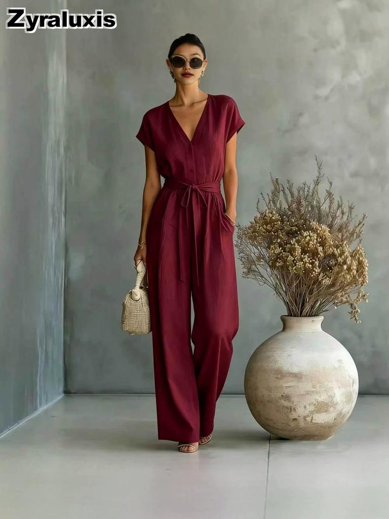 New Women's Summer Office V-Neck Waist Belt Bodysuit