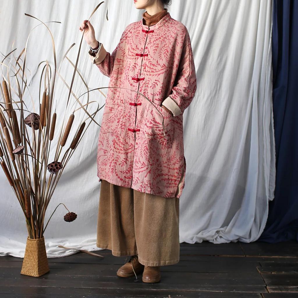 Johnature Damski rękaw w kształcie skrzydła nietoperza w stylu vintage, dekolt w kształcie litery "o", guziki do płaszcza, patchworkowe kieszenie, wiosenny nadruk, kwiatowe kurtki