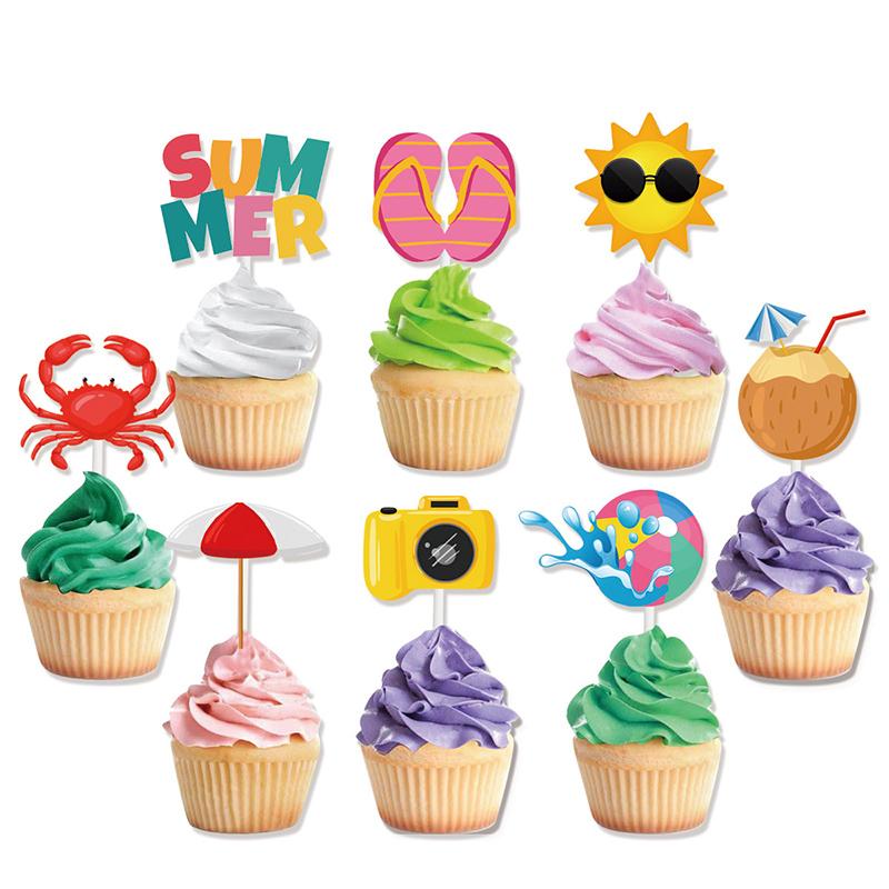 12pcs Summer Beach Hawaii Cupcake Toppers Sun Umbrella ball Cake Toppers  Hawaiian Pool Theme Birthday Party Cake Decorations