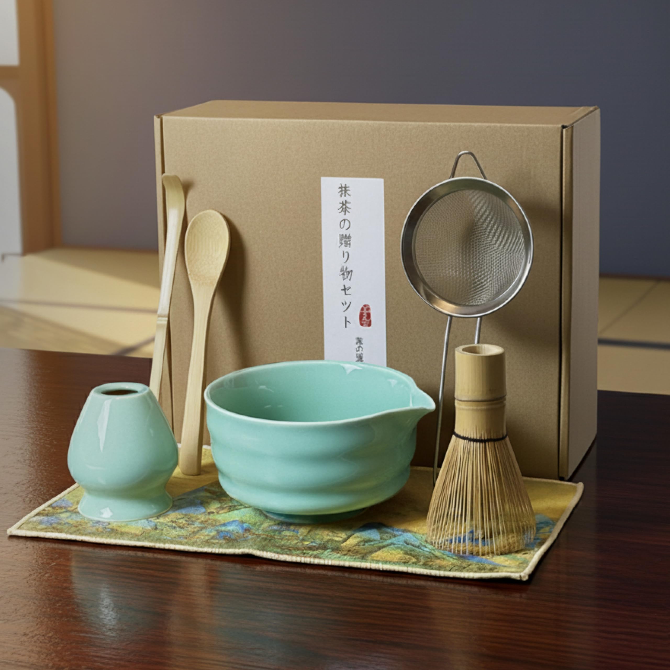 

KUMORINO 7-Piece Matcha Set: Katakuchi Matcha Bowl, Hyakuhondachi Chasen (100-Standing Chasen), Chashaku (Chashaku), Tea Strainer, Chasen Holder,