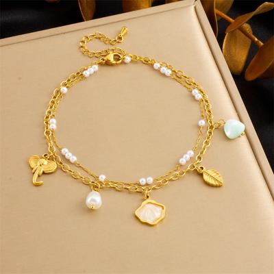 Gold Double-layer Elephant and Leaf Charm Anklet with Pearls