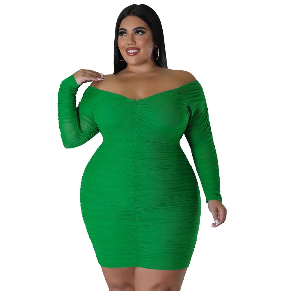 

Women s Plus Size Autumn Tube Top Dress with Mesh Sleeves - European & American Nightclub Style 4XL зелений