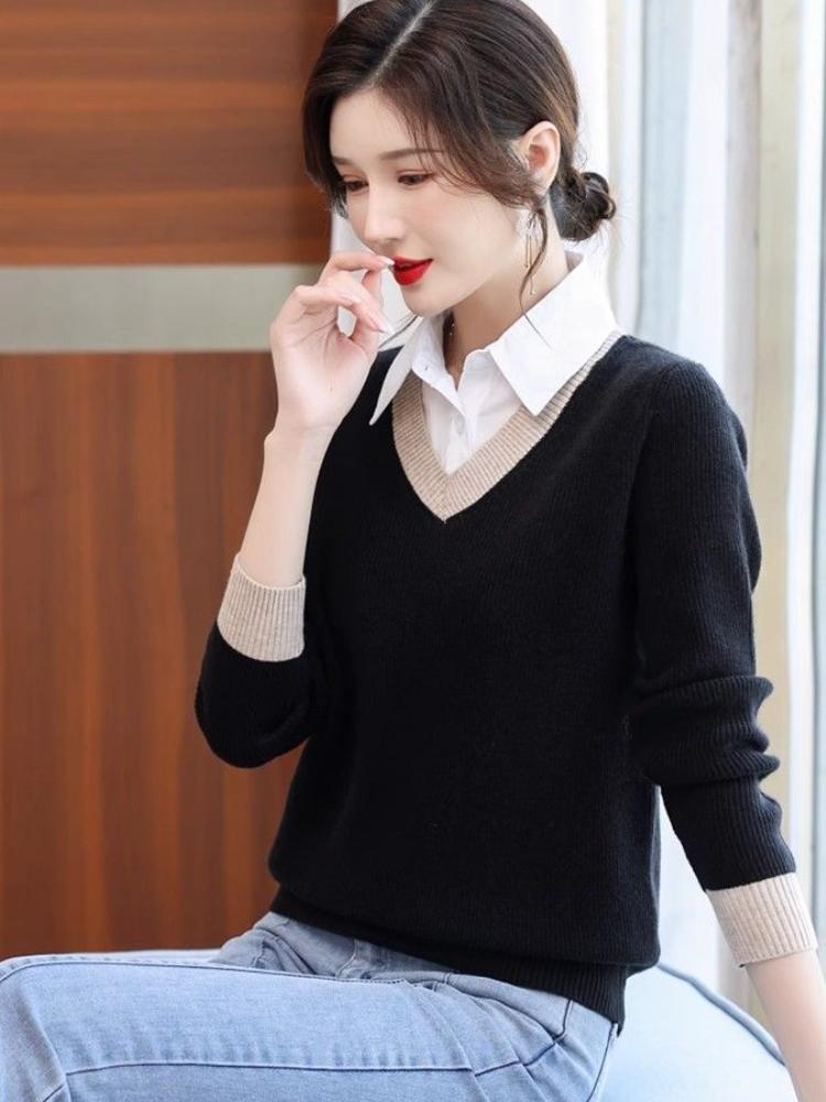 Elegant French-Inspired Faux Twinset Knit Sweater for Women - Chic Long Sleeve Pullover with Collar, Perfect for Fall/Spring