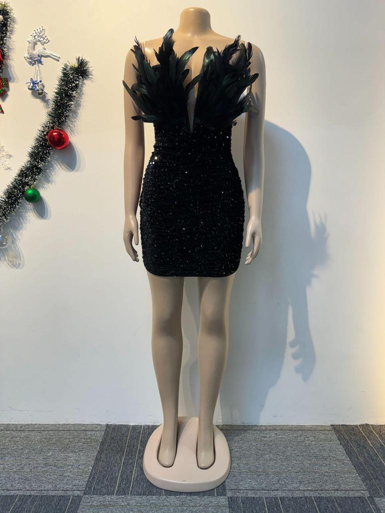 K3205 European and American Sequin Deep V Strapless Feather Bodycon Dress