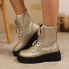 Fashion Short Thigh Boots Women's Fashion Round Toe Lace-Up Front Platform Anti-Slip Wear-Resistant Block Heel Boots