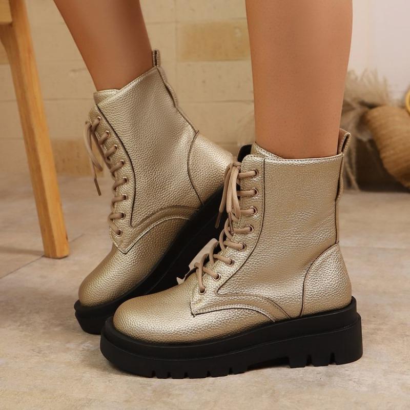 Fashion Short Thigh Boots Women's Fashion Round Toe Lace-Up Front Platform Anti-Slip Wear-Resistant Block Heel Boots