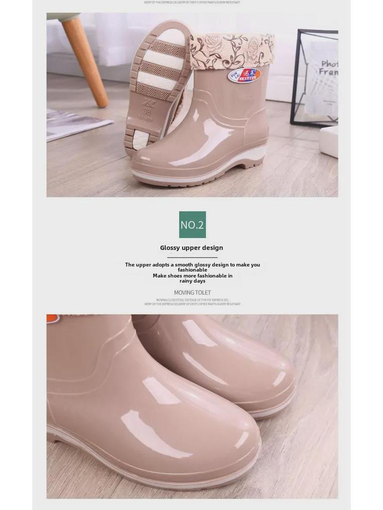 Women's Non-Slip Short Rain Boots - Fashionable, Warm, Low-Cut Rubber with Velvet, One-Piece Design
