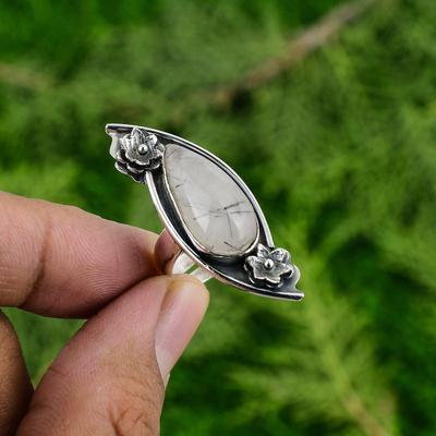 Natural Black Rutilated Quartz 925 Silver Flower Adjustable Ring For Girls