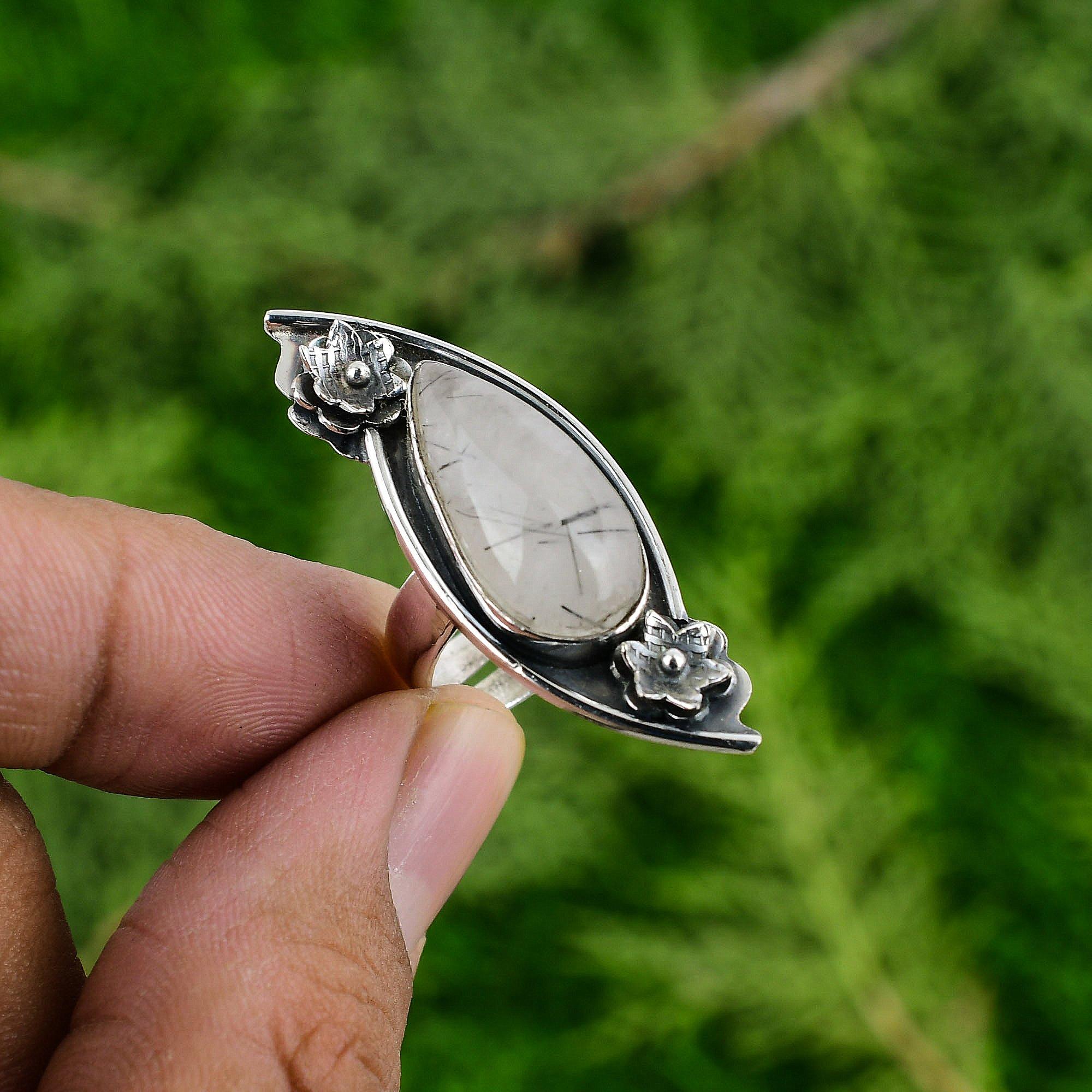 

Natural Black Rutilated Quartz 925 Silver Flower Adjustable Ring For Girls Adjustable
