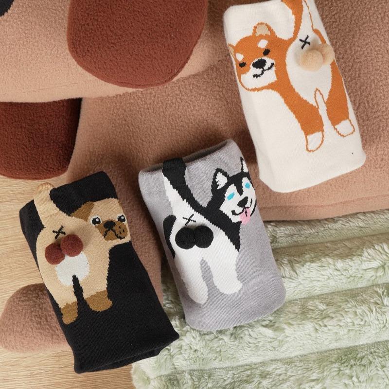 1/4 Pares Otoño Invierno Dibujos Animados Lindo Perro Bolas Calcetines de Algodón Kawaii Lolita Calcetines de Punto Mujer Niña Tubo Medio