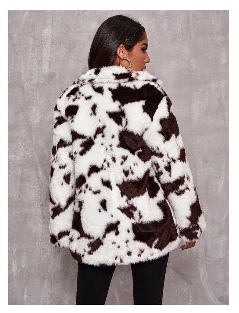 Women's Harajuku Style Black and White Cow Print Faux Rabbit Fur Coat - European and American Autumn/Winter Jacket