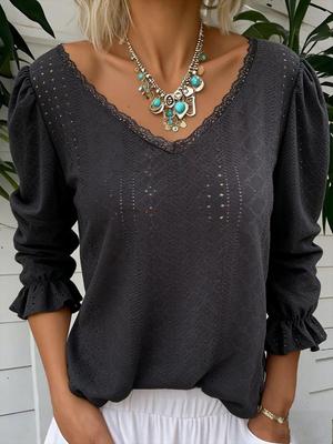 2026 Spring Women's V-neck Hollow Casual Mid-sleeve Top Shirt