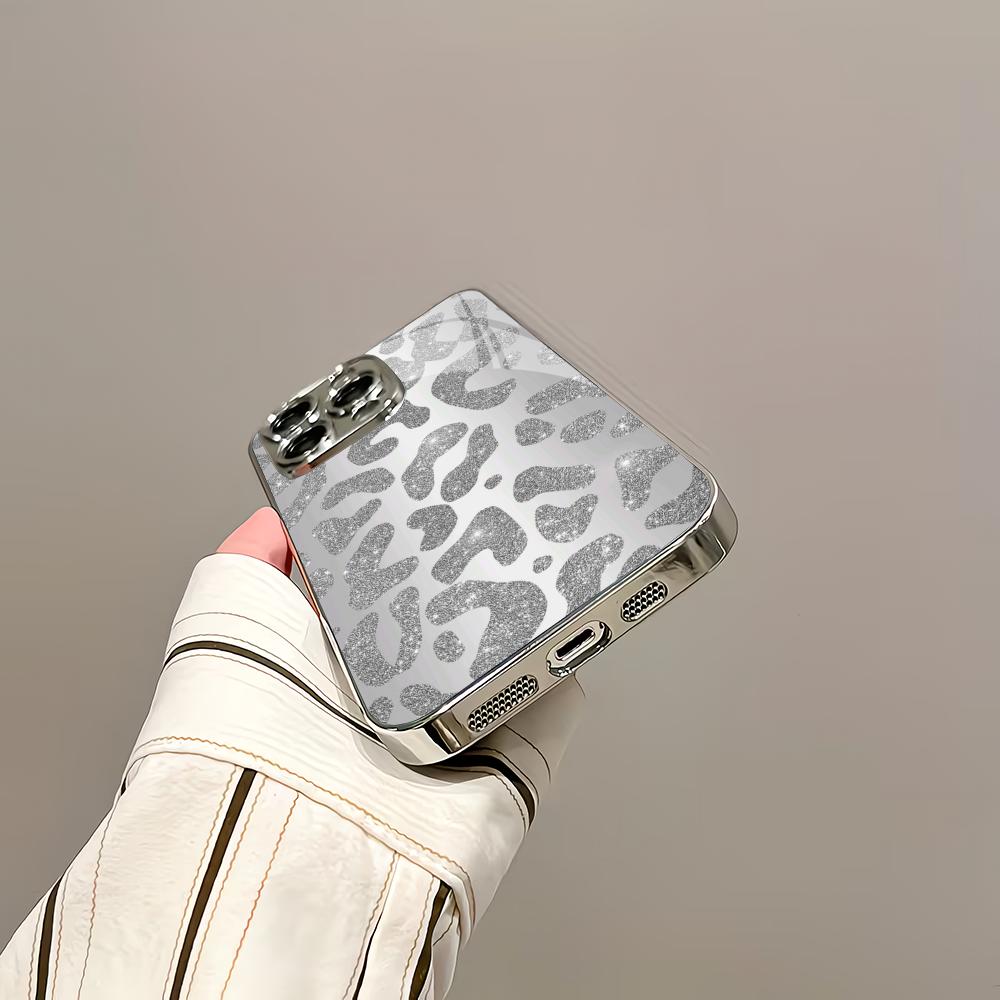 Sparkling leopard print silver plated glass phone case suitable for iPhone 17 16 15 14 13 12 11 Pro/Max/Plus scratch resistant