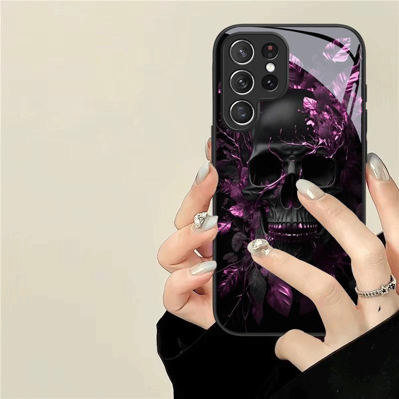 Purple Leaf Skull Pattern Glass Phone Case Suitable for Samsung for Galaxy S26 S25 S24 S22 S21 S20 FE Ultra Plus 5G Anti Drop