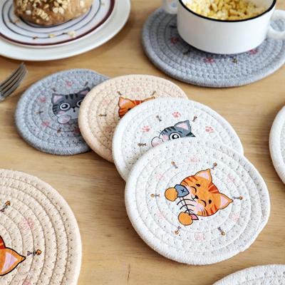 Heat Insulation Woven Cotton Placemat Non-Slip Cup Mat Cartoon Cat Pot Pad  Table Decoration