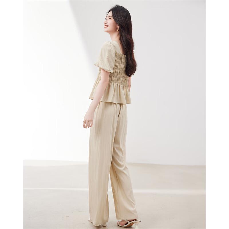 Women's Summer Square Neck Pleated Puff Sleeve Shirt & Long Pants Two-Piece Set