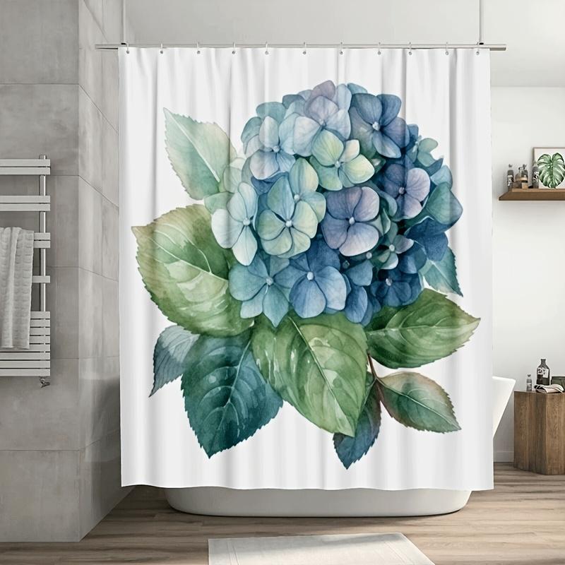 

1Pc Blue Hydrangea Floral Shower Curtain With Green Leaves, Durable Polyester, Machine Washable For Bathroom & Bathtub Decor W60H190(CM)-1 Pcs