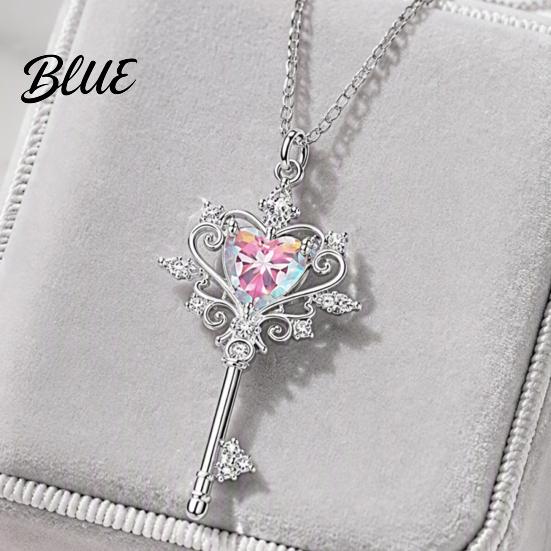 Versatile Alloy Chain for Women Magic Key Pendant Necklace Pink Cubic Zirconia Heart Necklace Rhinestone Sweet Fairy Jewelry Girls Everyday