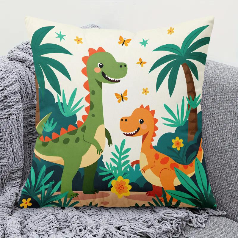 1Pc Cartoon Dinosaur Jungle Print Throw Pillow Cover,Suitable For Sofa,Bedroom,Living Room,A Fun Gift For Dinosaur Lovers