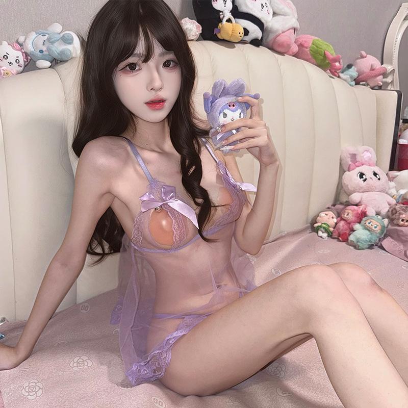Sexy lingerie pure lace suspender mesh see-through nightdress temptation small chest free set