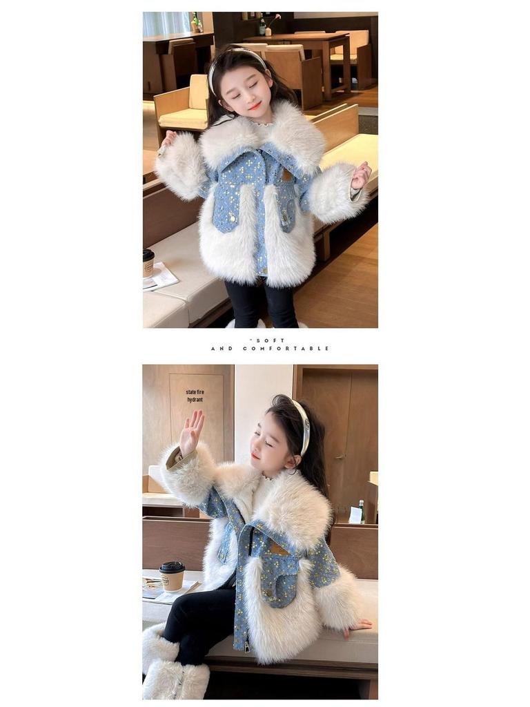 Girls' Fashionable Denim Fleece-lined Jacket - Autumn/Winter 2025 Faux Fur Coat for Children