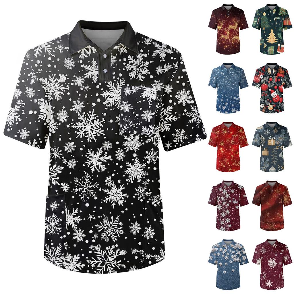Men's Short Sleeve Button Lapel Christmas Prints Chest Pocket Dry-nurse Top