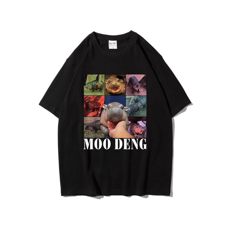 Summer Pure Cotton Short Sleeved Creative Trend Bouncing Pig Moo Deng Printed Round Neck Sports Shirt Casual Versatile T-Shirts Women’s