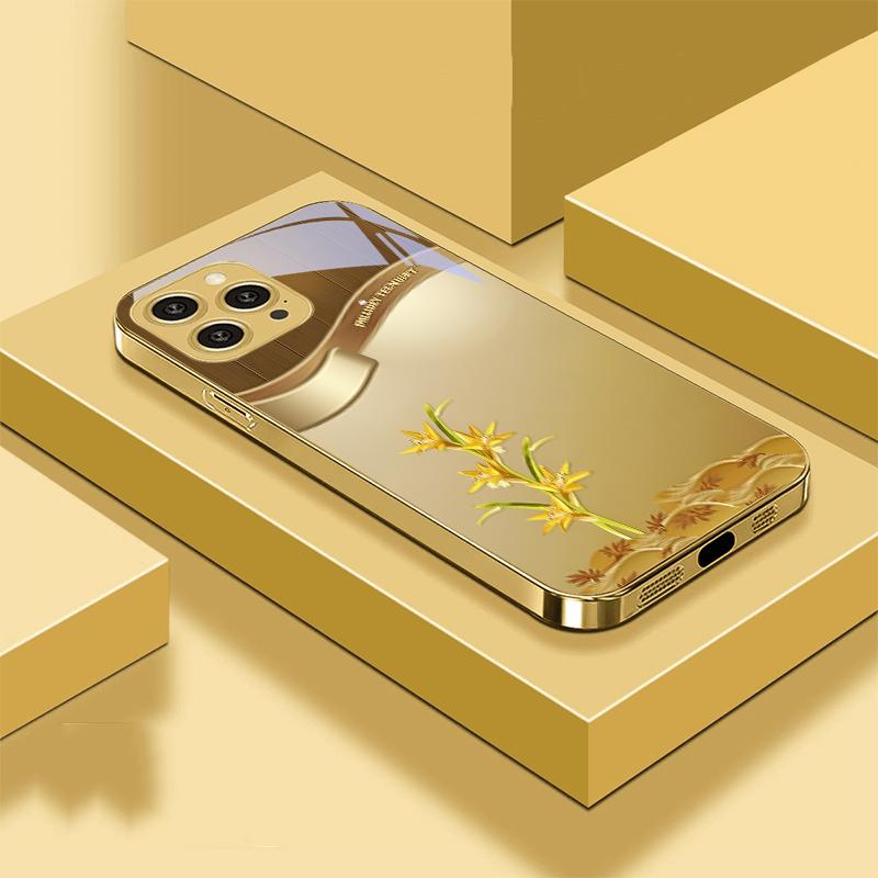 Golden Orchid Flower For IPhone 16 Pro Max 15 P Ro 14 M Ax 13 Plus 12 Mini 11 XS Max XR Golden Tempered Glass Phone Case