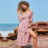 Summer Spring Floral Print Dress for Women Bohemia V-Neck A-Line High Waist Half Sleeve Mid-Calf Blue Pink Red Rose Sizes S M L XL