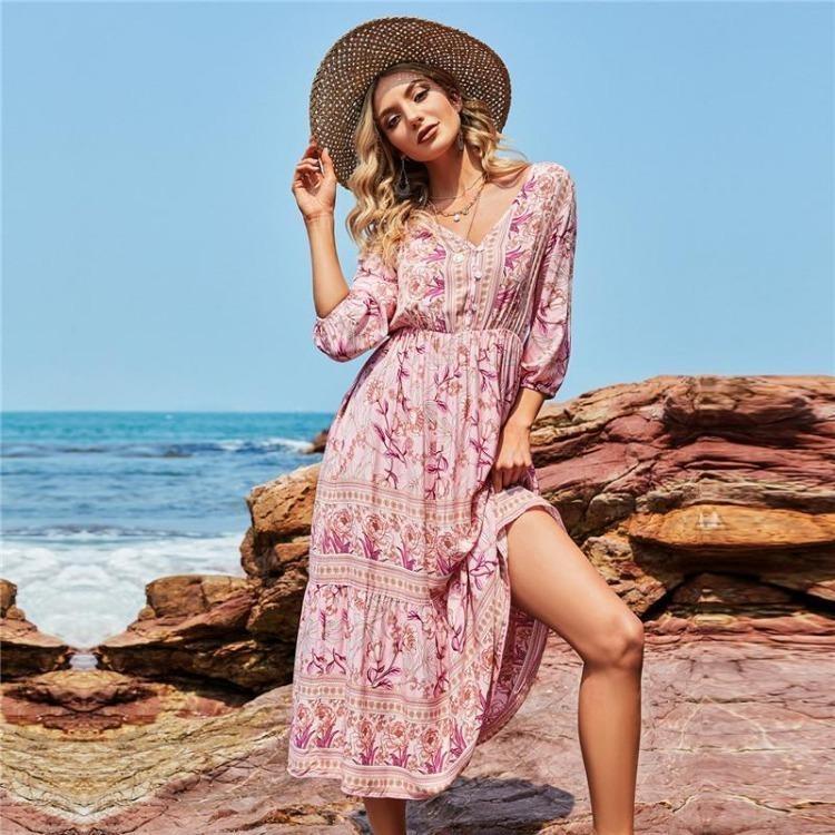 Summer Spring Floral Print Dress for Women Bohemia V-Neck A-Line High Waist Half Sleeve Mid-Calf Blue Pink Red Rose Sizes S M L XL