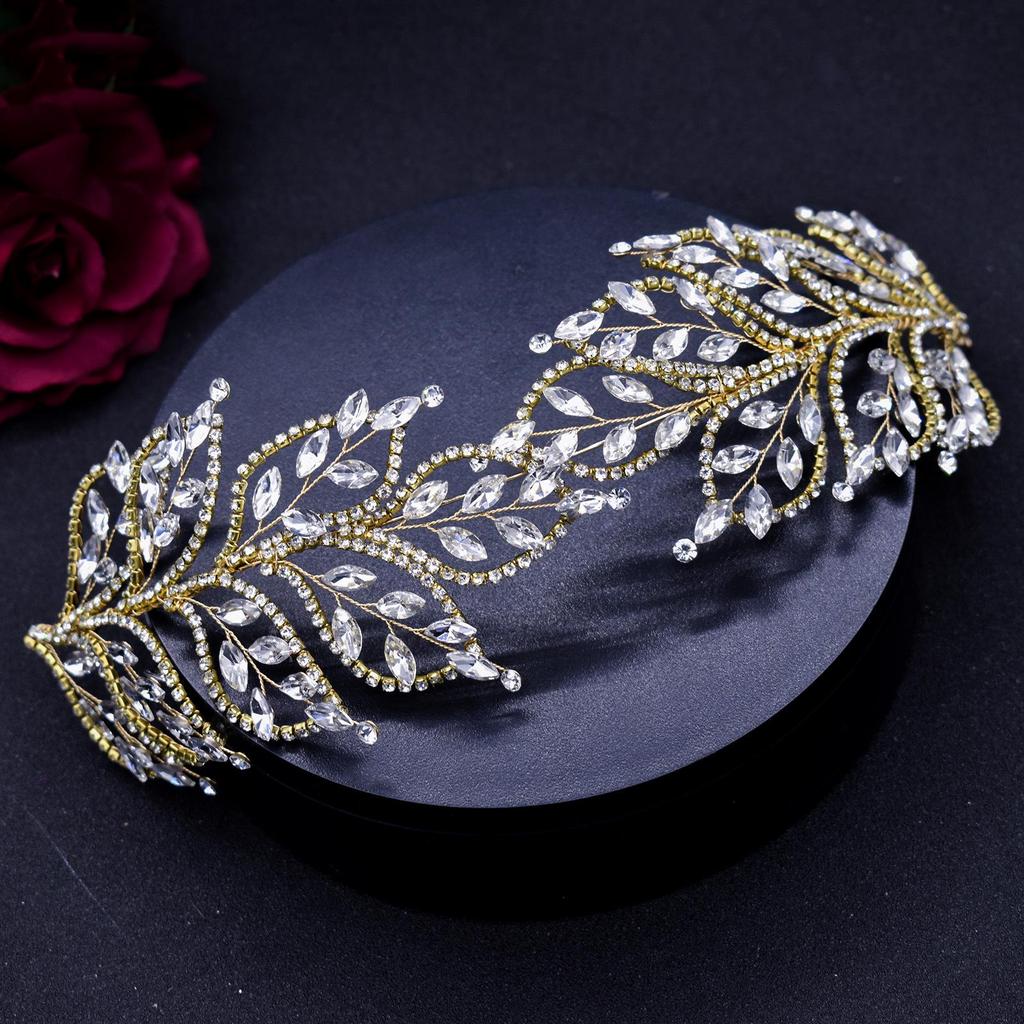 Tiara Nupcial de Folha de Strass - Acessório de Cabelo Tecido à Mão para Casamentos e Eventos, DZ017