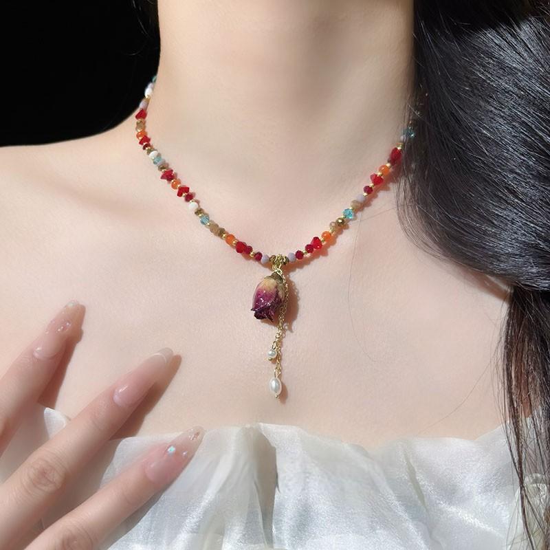 [Eternal Flower Language] Super Immortal and Beautiful Eternal Rose Flower Beaded Necklace Design Unique and Beautiful Clavicle Chain