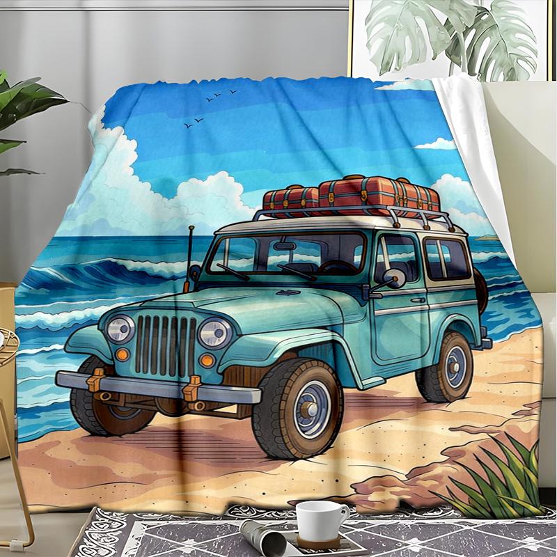 Pink Car Butterfly Rose Countryside Fleece Printed Flannel Blanket, Warm Soft Throw Sofa Bed Blanket