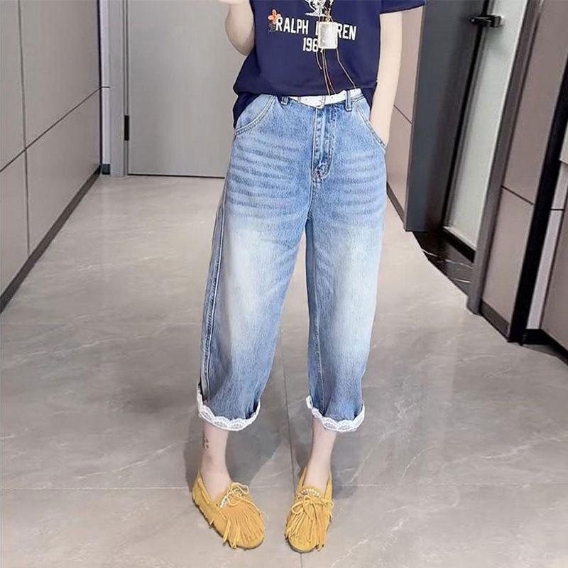 

High-Waist Plus Size Lace Splice Cropped Jeans for Pear-Shaped Women – Loose, Slimming, Wide Leg, Summer Style Extra Small светло-синий