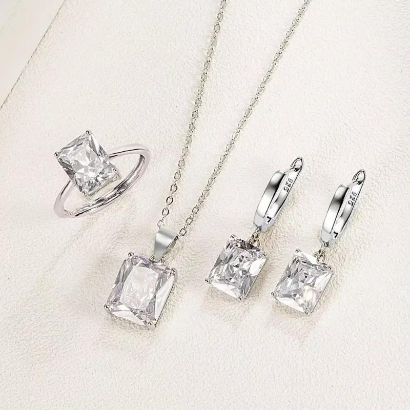 Elegant Jewelry Sets Ring Earrings Necklace For Women Rectangle Geometry Zircon Wedding Accessories