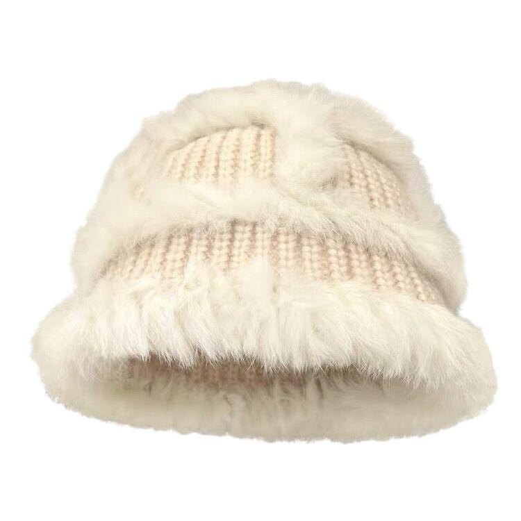 Rabbit Fur Knitted Woolen Hat for Women In Winter Cute Face Showing Small Warm Hat  Thickened Ear Protection Hat  Plush Bucket Hat