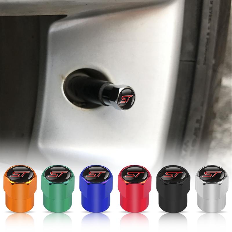 AJQ1 4pcs ST Emblem Aluminum Car Styling Wheel Tire Valve Cap Dust Cover for Ford Fiesta Mondeo Fusion Kuga Edge Mustang Explorer RS
