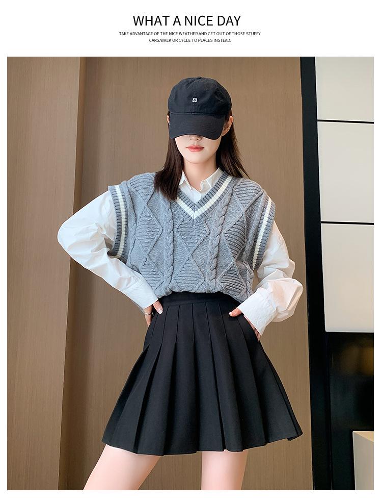 High-Waist Wool Pleated A-Line Skirt with Pockets - Slim Fit, Large Sizes for Autumn & Winter