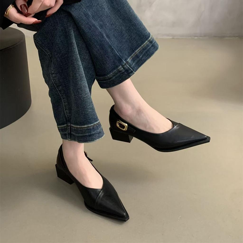 Fashion Office Lady Square Heels Pointed Slip on Shoes Classic Comfortable Small Heel Shoe 4cm 2024 Women Leather Pumps Shoes