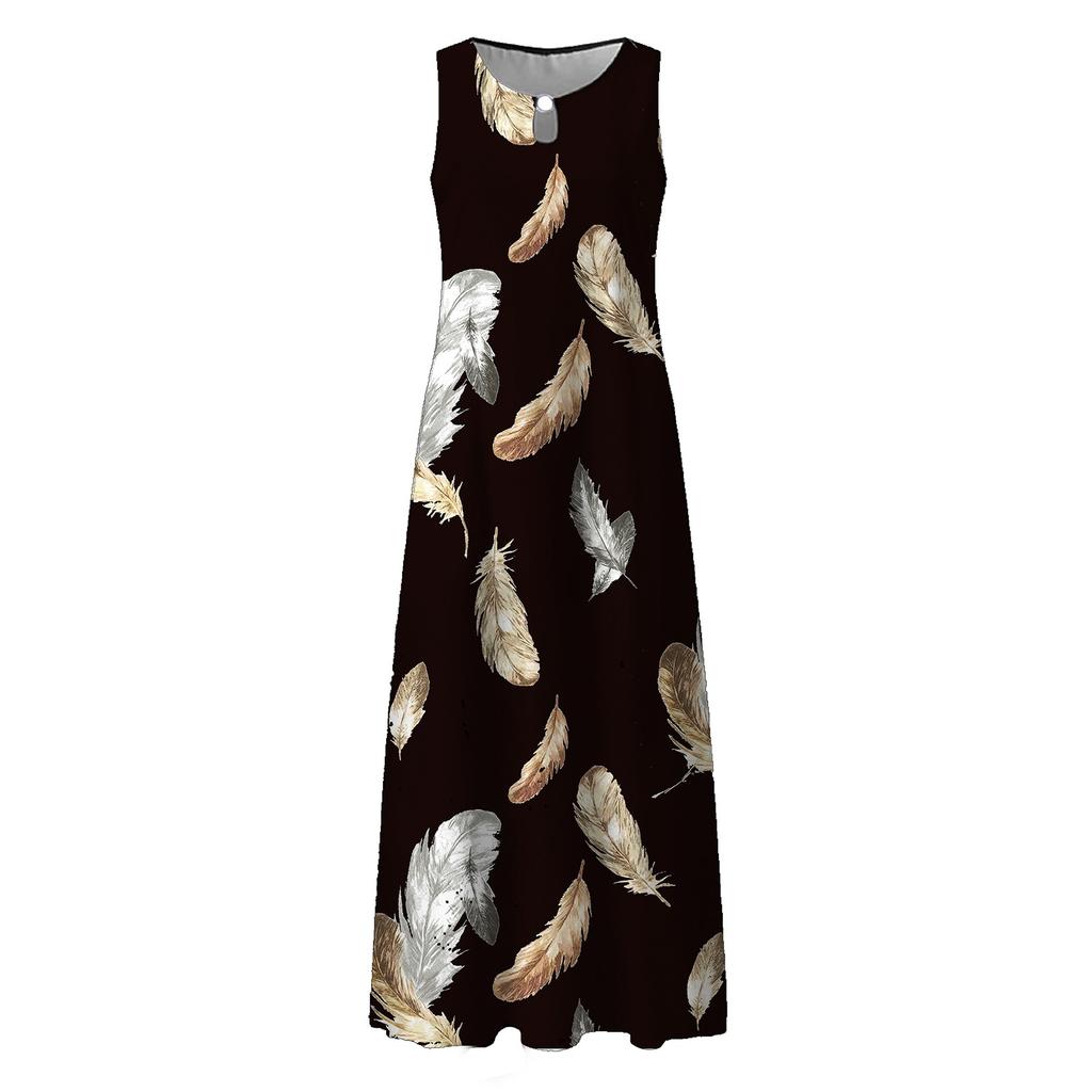 Women's Casual Printing Big Hem Dresswave Round Neck Sleeveless Long Dress