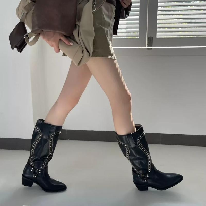 Fashion Block Heel Single Boots Women's Fashion Round Toe Suede Studded Metal Ring Anti-Slip Wear-Resistant Tall Boots